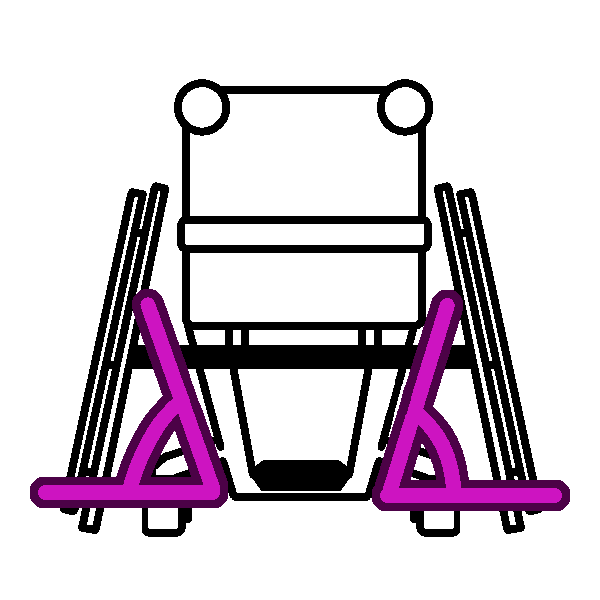 A black and white drawing of a rigid wheelchair from behind with pink angle symbols indicating the inward slope of the front of the frame.